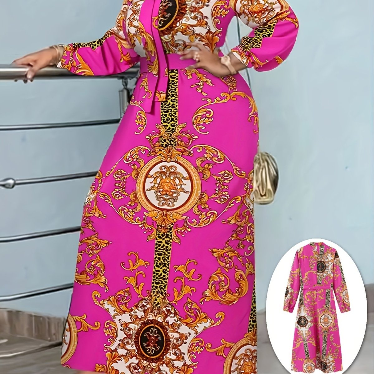 Vintage Bohemian Long Sleeve Maxi Dress - Vibrant Pink with Golden & Black Floral Patterns, High Neck Tie, Perfect for Fall, Winter, Spring, and Summer, Holiday Party Dress|Vintage Bohemian Style|Long Sleeve Dress - Free Delivery Worldwide only at Flexi Africa