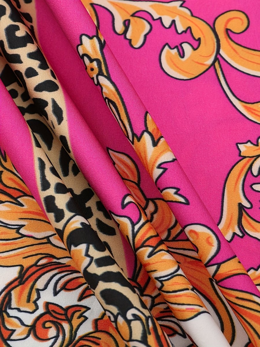 Vintage Bohemian Long Sleeve Maxi Dress - Vibrant Pink with Golden & Black Floral Patterns, High Neck Tie, Perfect for Fall, Winter, Spring, and Summer, Holiday Party Dress|Vintage Bohemian Style|Long Sleeve Dress - Free Delivery Worldwide only at Flexi Africa
