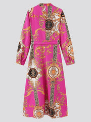 Vintage Bohemian Long Sleeve Maxi Dress - Vibrant Pink with Golden & Black Floral Patterns, High Neck Tie, Perfect for Fall, Winter, Spring, and Summer, Holiday Party Dress|Vintage Bohemian Style|Long Sleeve Dress - Free Delivery Worldwide only at Flexi Africa