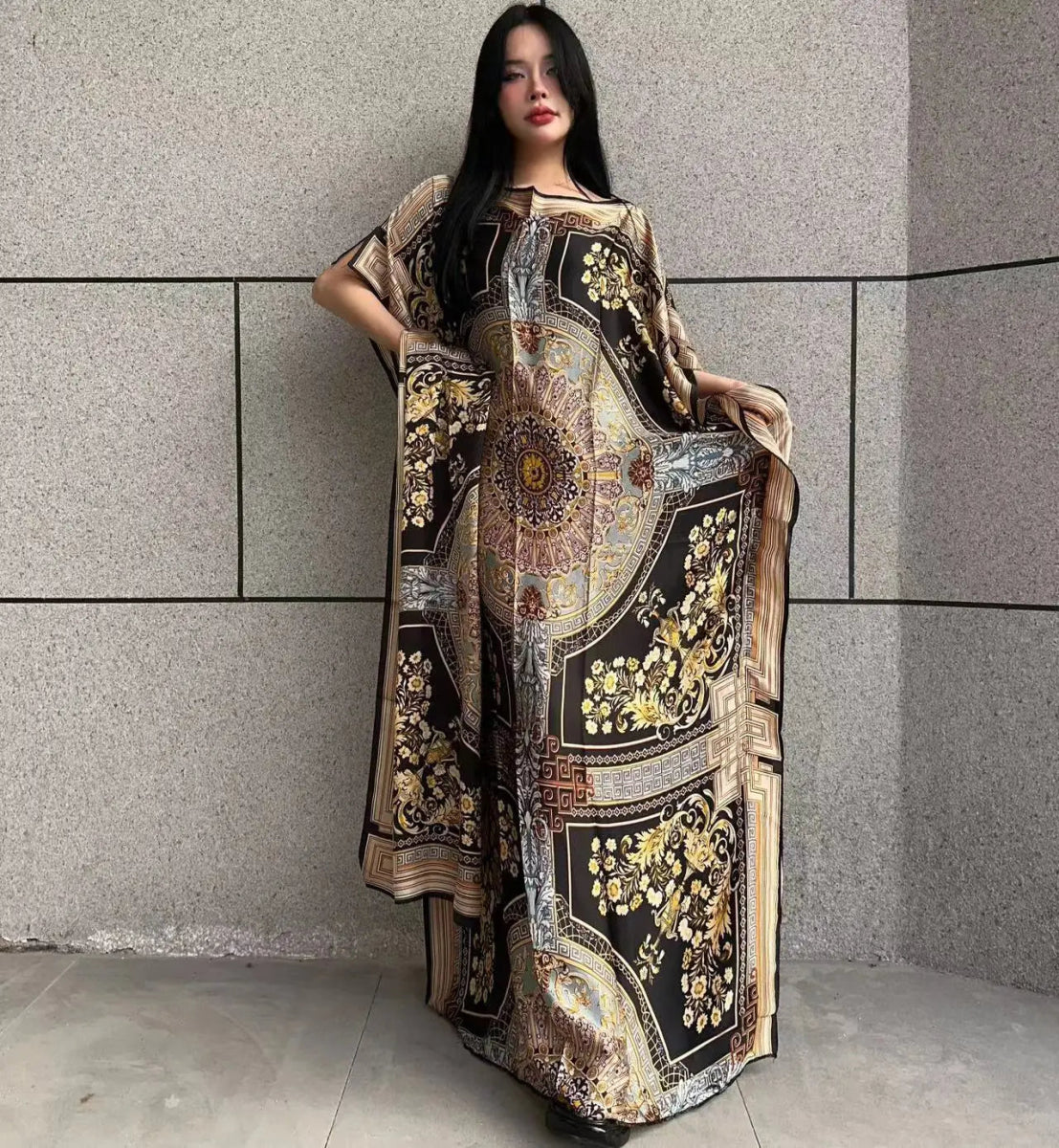 WINYI African Muslim Lady Summer Boho fashion Printed Kaftan holiday Dress loose Streetwear Abaya with belt beach dress - Free Delivery Worldwide only at Flexi Africa
