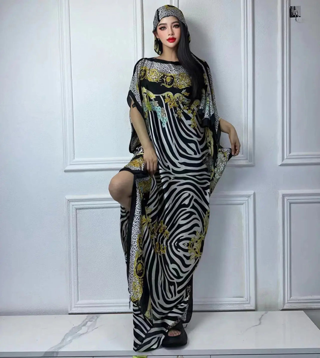 WINYI African Muslim Lady Summer Boho fashion Printed Kaftan holiday Dress loose Streetwear Abaya with belt beach dress - Free Delivery Worldwide only at Flexi Africa