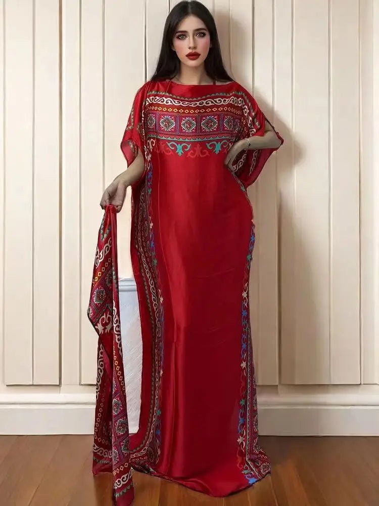 WINYI African Muslim Lady Summer Boho fashion Printed Kaftan holiday Dress loose Streetwear Abaya with belt beach dress - Free Delivery Worldwide only at Flexi Africa