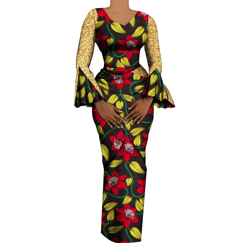Women African Outfits 2 Pieces Set Shiny Flare Sleeves V Neck Tops and Long Pencil Skirts African Clothes for Women WY9972 - Free Delivery Worldwide only at Flexi Africa