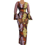 Women's African Outfits 2 Pieces Set Shiny Flare Sleeves V Neck Tops and Long Pencil Skirts African Clothes for Women