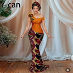 Women’s African Ankara Floral Gown – One - Shoulder Sexy Party Dress with Matching Headscarf - Free Delivery Worldwide only at Flexi Africa