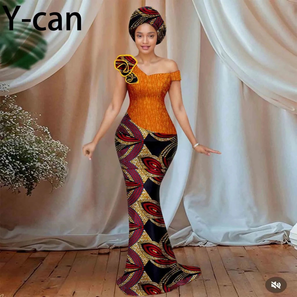Women’s African Ankara Floral Gown – One - Shoulder Sexy Party Dress with Matching Headscarf - Free Delivery Worldwide only at Flexi Africa