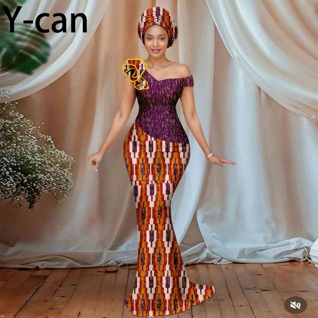 Women’s African Ankara Floral Gown – One - Shoulder Sexy Party Dress with Matching Headscarf - Free Delivery Worldwide only at Flexi Africa