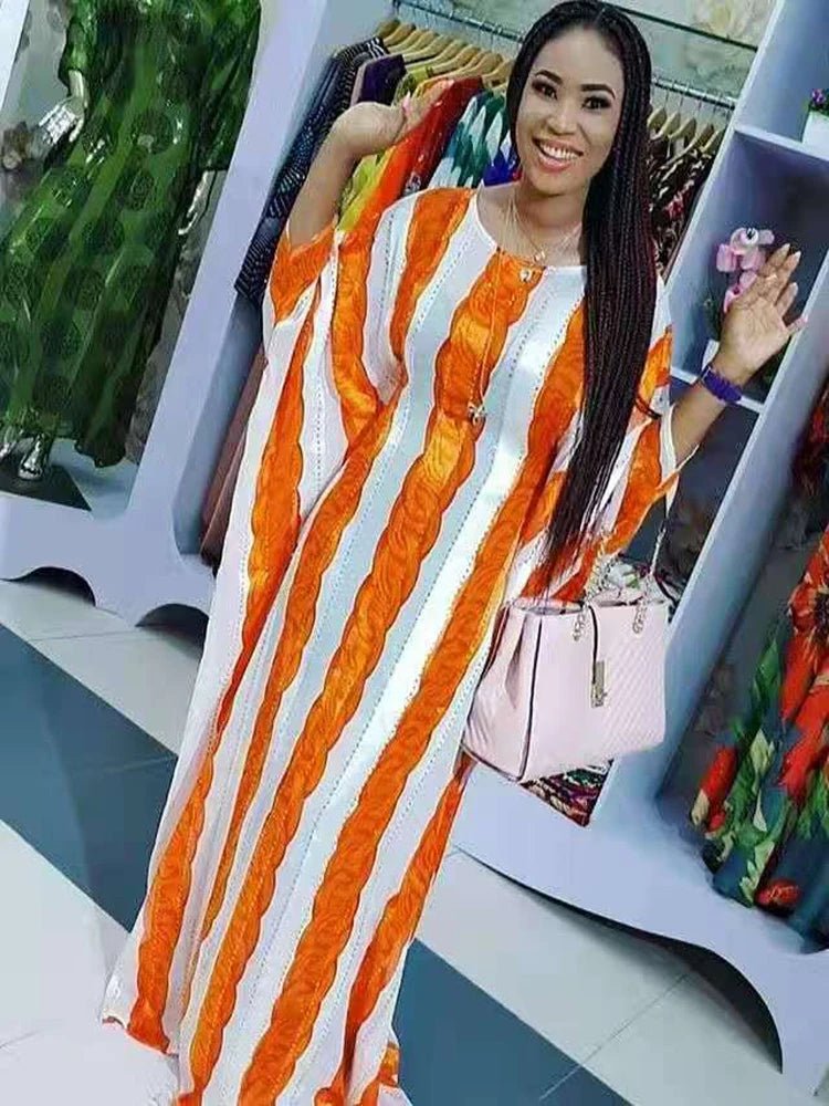 Buy Women's African Bazin Sleeve Dress – Spring Striped Loose Elegant Boubou Robe for only $26.29 at Flexi Africa!