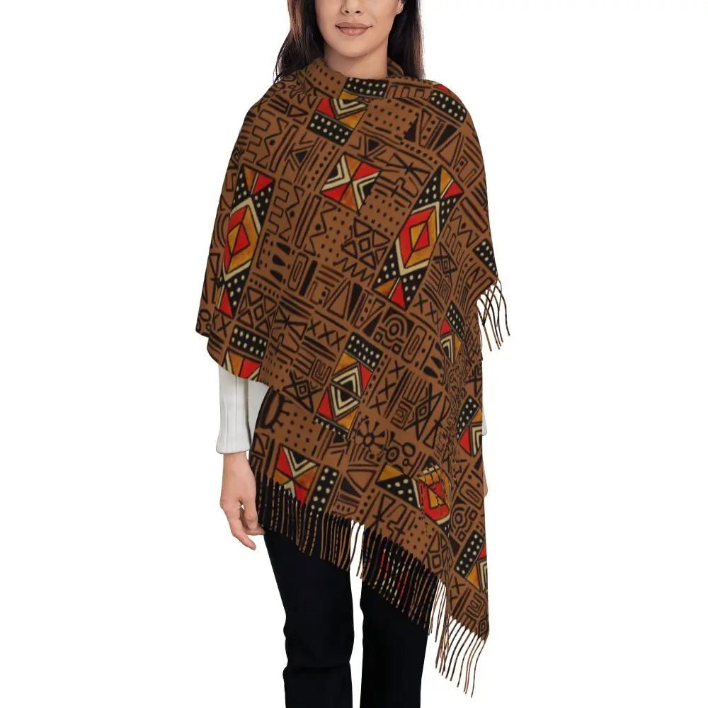Women’s African Bogolan Tassel Shawl – Warm Tribal Art Scarf & Winter Wrap - Free Delivery Worldwide only at Flexi Africa