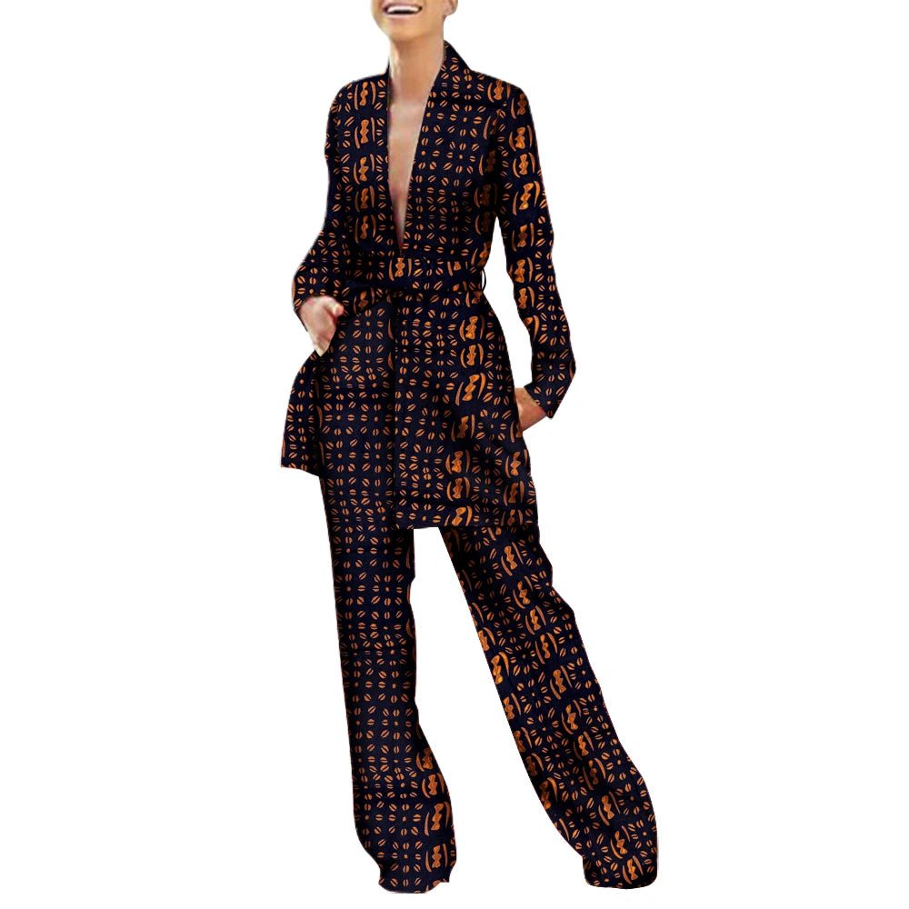 Women’s African Fashion Outfit – Ankara Trench Coat and Long Pants Set - Free Delivery Worldwide only at Flexi Africa