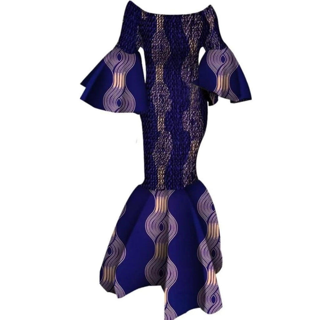 Women’s African Print Ankara Long Dress – Stretch Fit with Ruffle Sleeves - Free Delivery Worldwide only at Flexi Africa