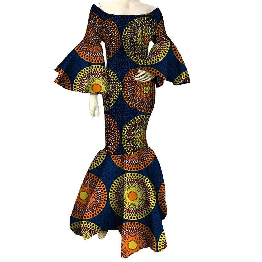 Women’s African Print Ankara Long Dress – Stretch Fit with Ruffle Sleeves - Free Delivery Worldwide only at Flexi Africa