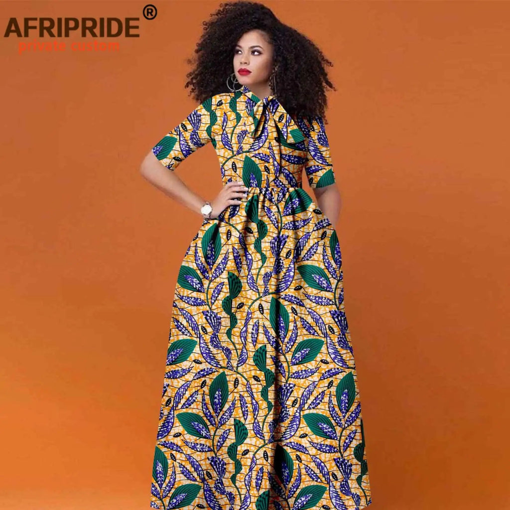 Women’s African Print Maxi Dress – Traditional High Waist Ankara Half Sleeve Attire - Free Delivery Worldwide only at Flexi Africa