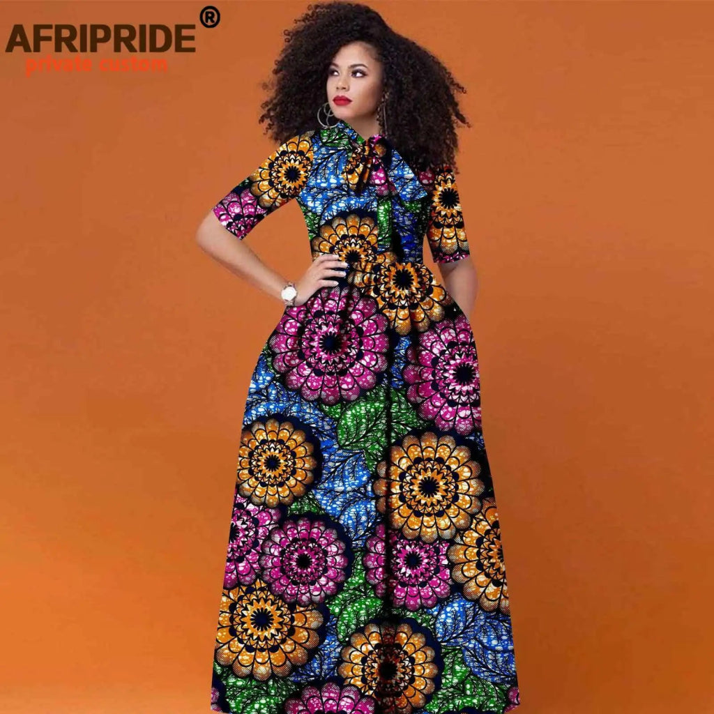 Women’s African Print Maxi Dress – Traditional High Waist Ankara Half Sleeve Attire - Free Delivery Worldwide only at Flexi Africa