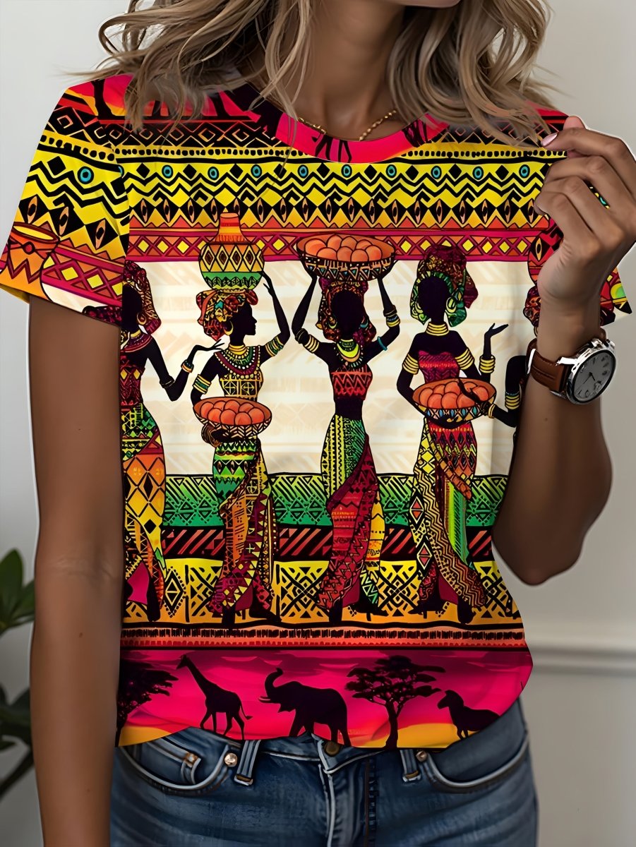 Women's African Tribal Print T-Shirt - Short Sleeve Crew Neck Top with Vibrant Geometric Patterns & Exotic Figures, 100% Polyester Machine Washable, Casual Spring Summer Fashion Tee, Cultural Authentic Design - Free Delivery Worldwide only at Flexi Africa