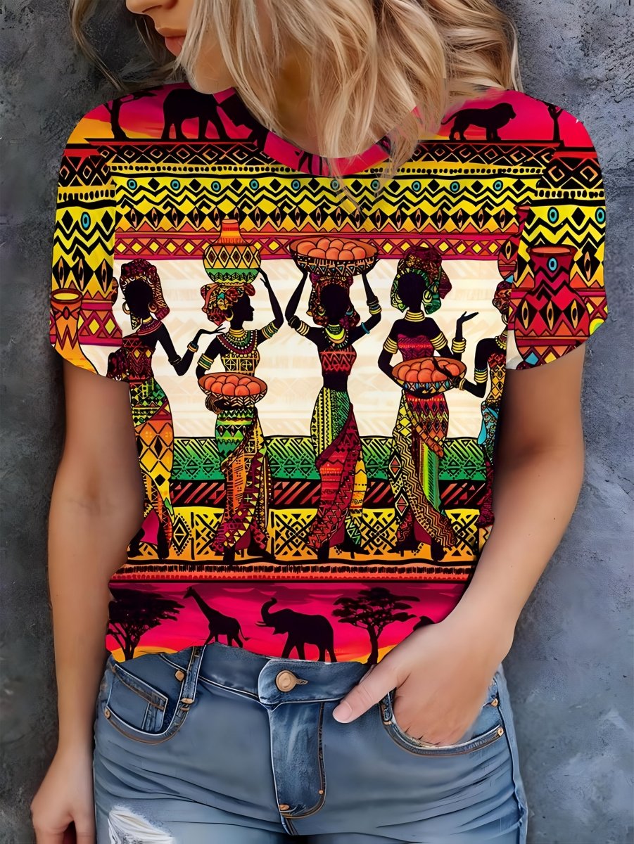 Women's African Tribal Print T-Shirt - Short Sleeve Crew Neck Top with Vibrant Geometric Patterns & Exotic Figures, 100% Polyester Machine Washable, Casual Spring Summer Fashion Tee, Cultural Authentic Design - Free Delivery Worldwide only at Flexi Africa