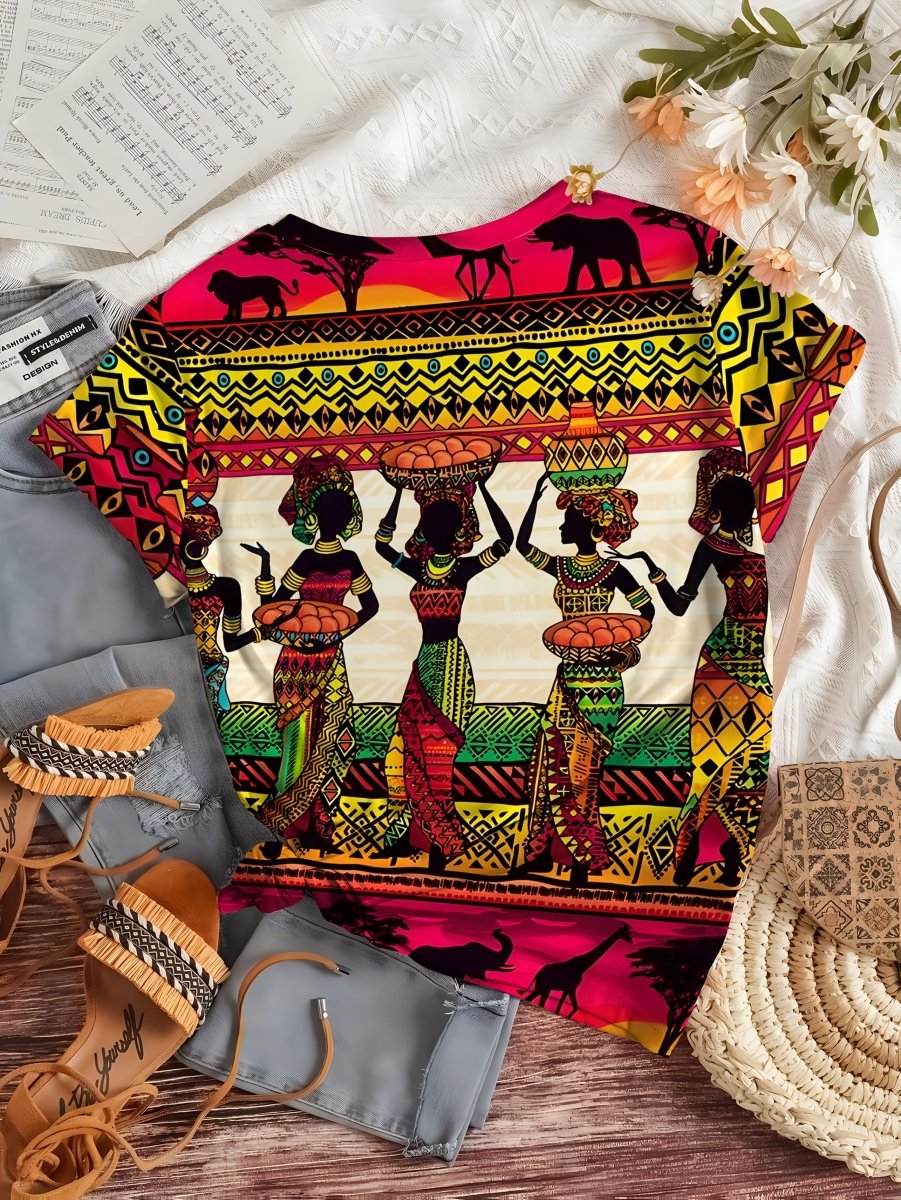 Women's African Tribal Print T-Shirt - Short Sleeve Crew Neck Top with Vibrant Geometric Patterns & Exotic Figures, 100% Polyester Machine Washable, Casual Spring Summer Fashion Tee, Cultural Authentic Design - Free Delivery Worldwide only at Flexi Africa