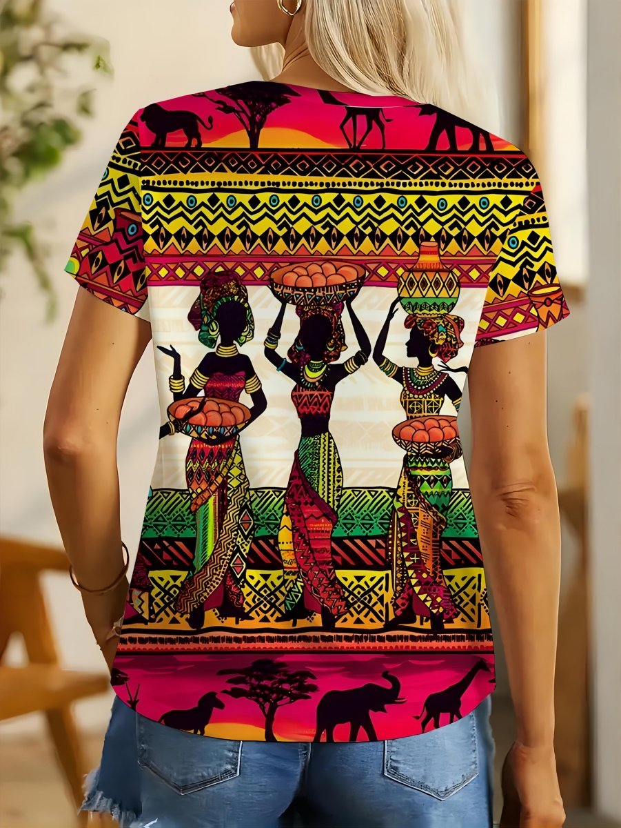 Women's African Tribal Print T-Shirt - Short Sleeve Crew Neck Top with Vibrant Geometric Patterns & Exotic Figures, 100% Polyester Machine Washable, Casual Spring Summer Fashion Tee, Cultural Authentic Design - Free Delivery Worldwide only at Flexi Africa