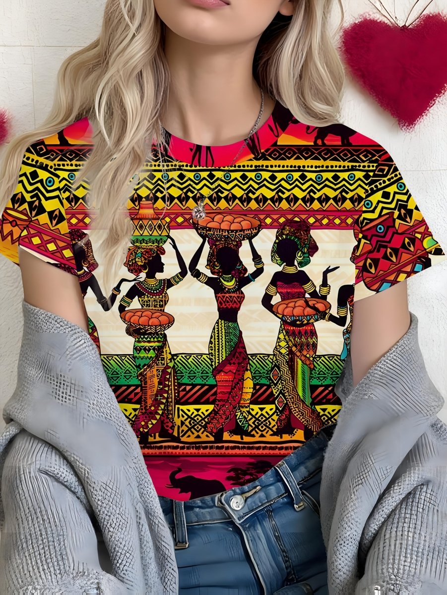 Women's African Tribal Print T-Shirt - Short Sleeve Crew Neck Top with Vibrant Geometric Patterns & Exotic Figures, 100% Polyester Machine Washable, Casual Spring Summer Fashion Tee, Cultural Authentic Design - Free Delivery Worldwide only at Flexi Africa