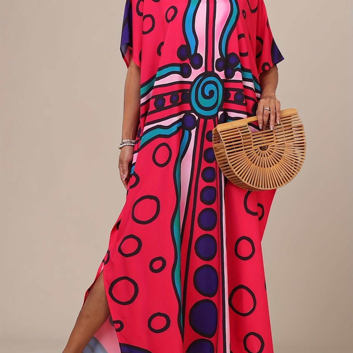 Women'S Boho Kaftan Dress - Colorful Geometric Print, Split Front, Non - Stretch Fabric, Perfect for Beach & Casual Attire, Beach Coverup|Boho Style|Splitfront Dress - Free Delivery Worldwide only at Flexi Africa