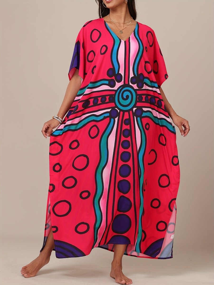 Women'S Boho Kaftan Dress - Colorful Geometric Print, Split Front, Non - Stretch Fabric, Perfect for Beach & Casual Attire, Beach Coverup|Boho Style|Splitfront Dress - Free Delivery Worldwide only at Flexi Africa