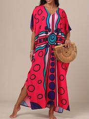 Women'S Boho Kaftan Dress - Colorful Geometric Print, Split Front, Non - Stretch Fabric, Perfect for Beach & Casual Attire, Beach Coverup|Boho Style|Splitfront Dress - Free Delivery Worldwide only at Flexi Africa
