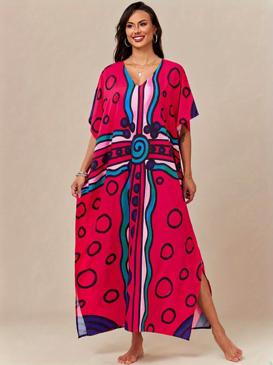 Women'S Boho Kaftan Dress - Colorful Geometric Print, Split Front, Non - Stretch Fabric, Perfect for Beach & Casual Attire, Beach Coverup|Boho Style|Splitfront Dress - Free Delivery Worldwide only at Flexi Africa