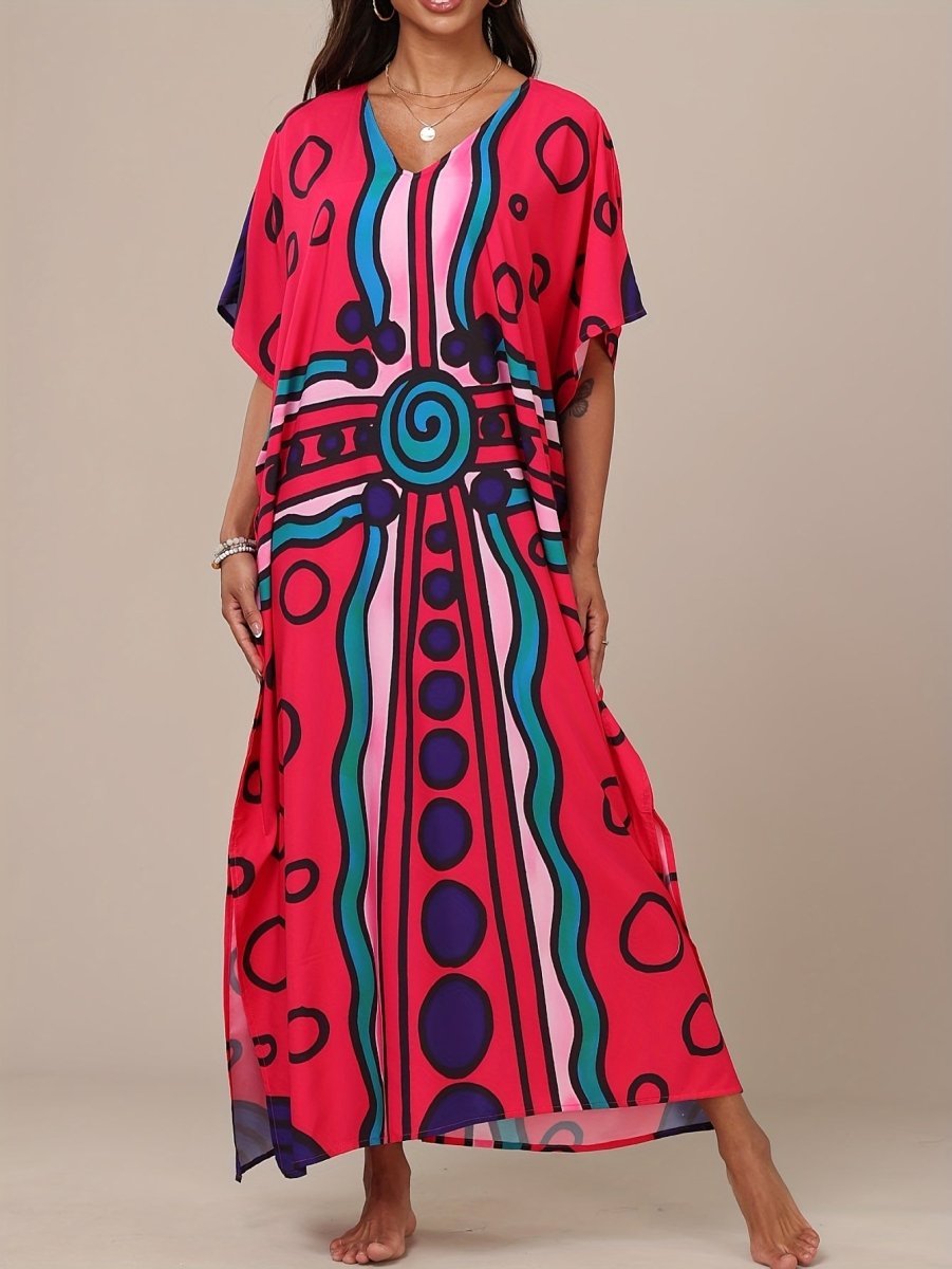 Women'S Boho Kaftan Dress - Colorful Geometric Print, Split Front, Non - Stretch Fabric, Perfect for Beach & Casual Attire, Beach Coverup|Boho Style|Splitfront Dress - Free Delivery Worldwide only at Flexi Africa