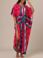 Women'S Boho Kaftan Dress - Colorful Geometric Print, Split Front, Non - Stretch Fabric, Perfect for Beach & Casual Attire, Beach Coverup|Boho Style|Splitfront Dress - Free Delivery Worldwide only at Flexi Africa