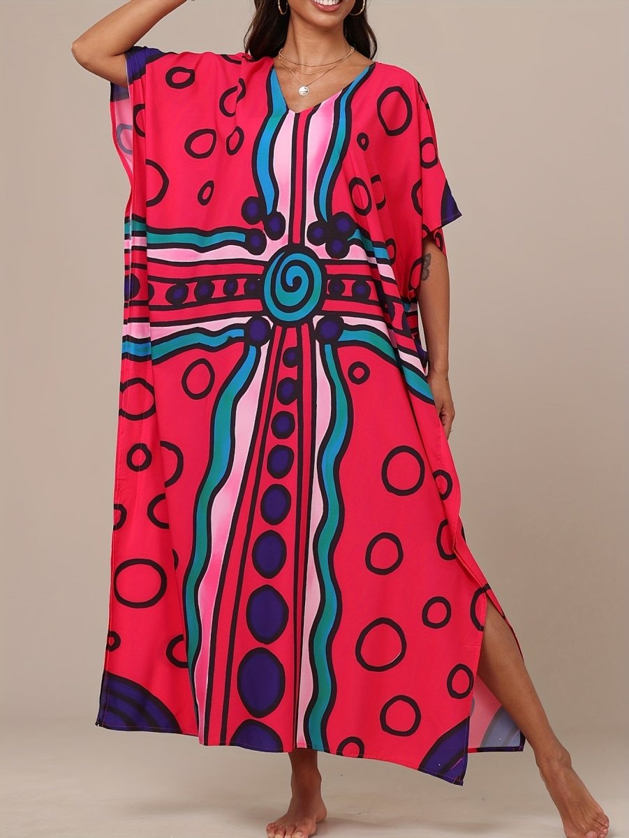 Women'S Boho Kaftan Dress - Colorful Geometric Print, Split Front, Non - Stretch Fabric, Perfect for Beach & Casual Attire, Beach Coverup|Boho Style|Splitfront Dress - Free Delivery Worldwide only at Flexi Africa
