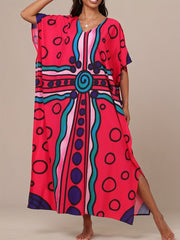 Women'S Boho Kaftan Dress - Colorful Geometric Print, Split Front, Non - Stretch Fabric, Perfect for Beach & Casual Attire, Beach Coverup|Boho Style|Splitfront Dress - Free Delivery Worldwide only at Flexi Africa