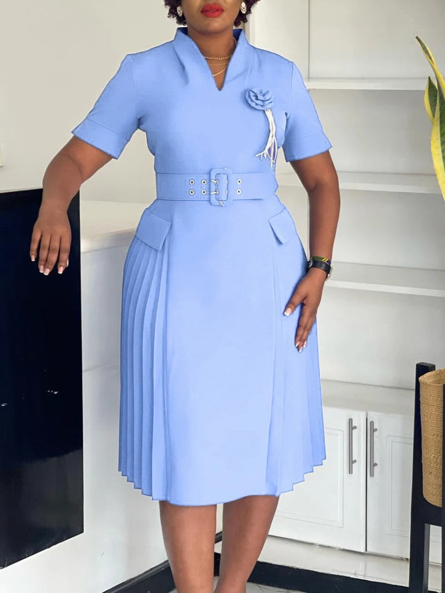 Women’s Elegant V - Neck African Dress – Short Sleeve, Belted Pleated Waist & 3D Floral Accents - Free Delivery Worldwide only at Flexi Africa