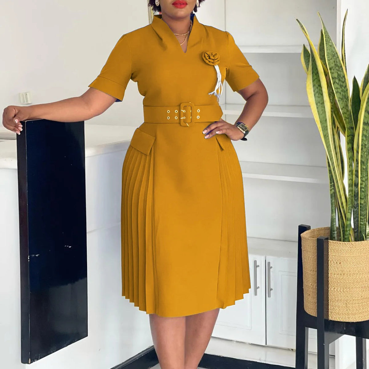 Women’s Elegant V - Neck African Dress – Short Sleeve, Belted Pleated Waist & 3D Floral Accents - Free Delivery Worldwide only at Flexi Africa