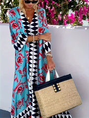 Women's Elegant V - Neck Geometric Print Maxi Dress - Loose Fit Beach Vacation Dress with Short Sleeves, Machine Washable All - Season Casual Outfit, Beach Dresses, Sophisticated Design - Free Delivery Worldwide only at Flexi Africa