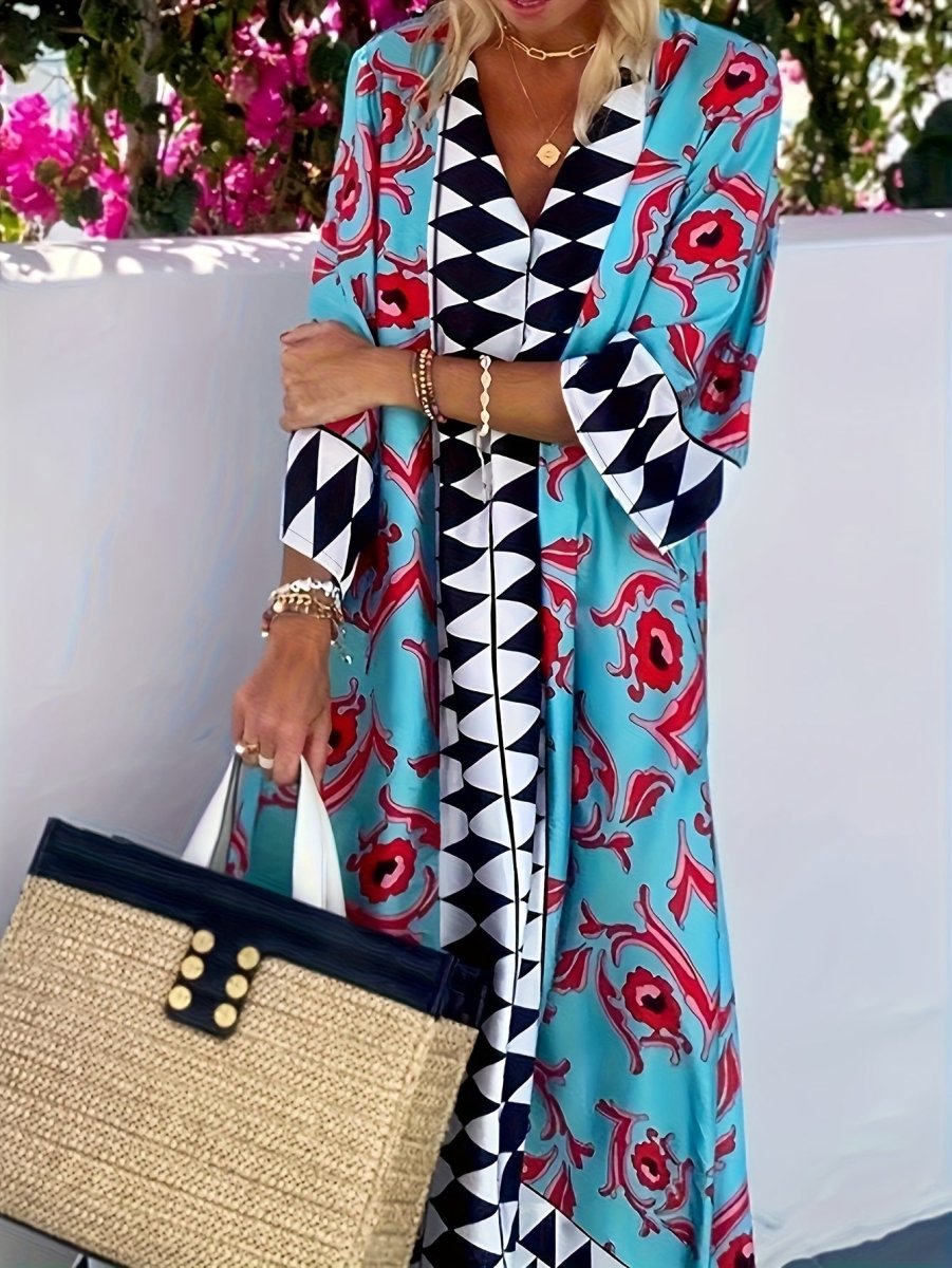 Women's Elegant V - Neck Geometric Print Maxi Dress - Loose Fit Beach Vacation Dress with Short Sleeves, Machine Washable All - Season Casual Outfit, Beach Dresses, Sophisticated Design - Free Delivery Worldwide only at Flexi Africa