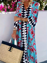 Women's Elegant V - Neck Geometric Print Maxi Dress - Loose Fit Beach Vacation Dress with Short Sleeves, Machine Washable All - Season Casual Outfit, Beach Dresses, Sophisticated Design - Free Delivery Worldwide only at Flexi Africa