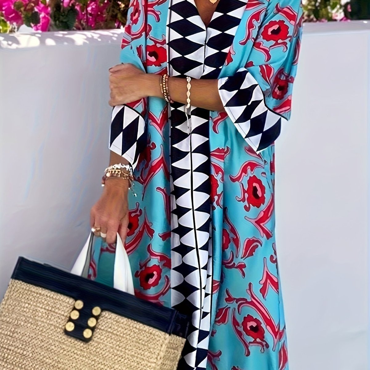 Women's Elegant V - Neck Geometric Print Maxi Dress - Loose Fit Beach Vacation Dress with Short Sleeves, Machine Washable All - Season Casual Outfit, Beach Dresses, Sophisticated Design - Free Delivery Worldwide only at Flexi Africa