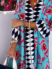 Women's Elegant V - Neck Geometric Print Maxi Dress - Loose Fit Beach Vacation Dress with Short Sleeves, Machine Washable All - Season Casual Outfit, Beach Dresses, Sophisticated Design - Free Delivery Worldwide only at Flexi Africa