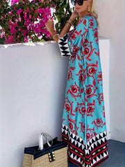 Women's Elegant V - Neck Geometric Print Maxi Dress - Loose Fit Beach Vacation Dress with Short Sleeves, Machine Washable All - Season Casual Outfit, Beach Dresses, Sophisticated Design - Free Delivery Worldwide only at Flexi Africa
