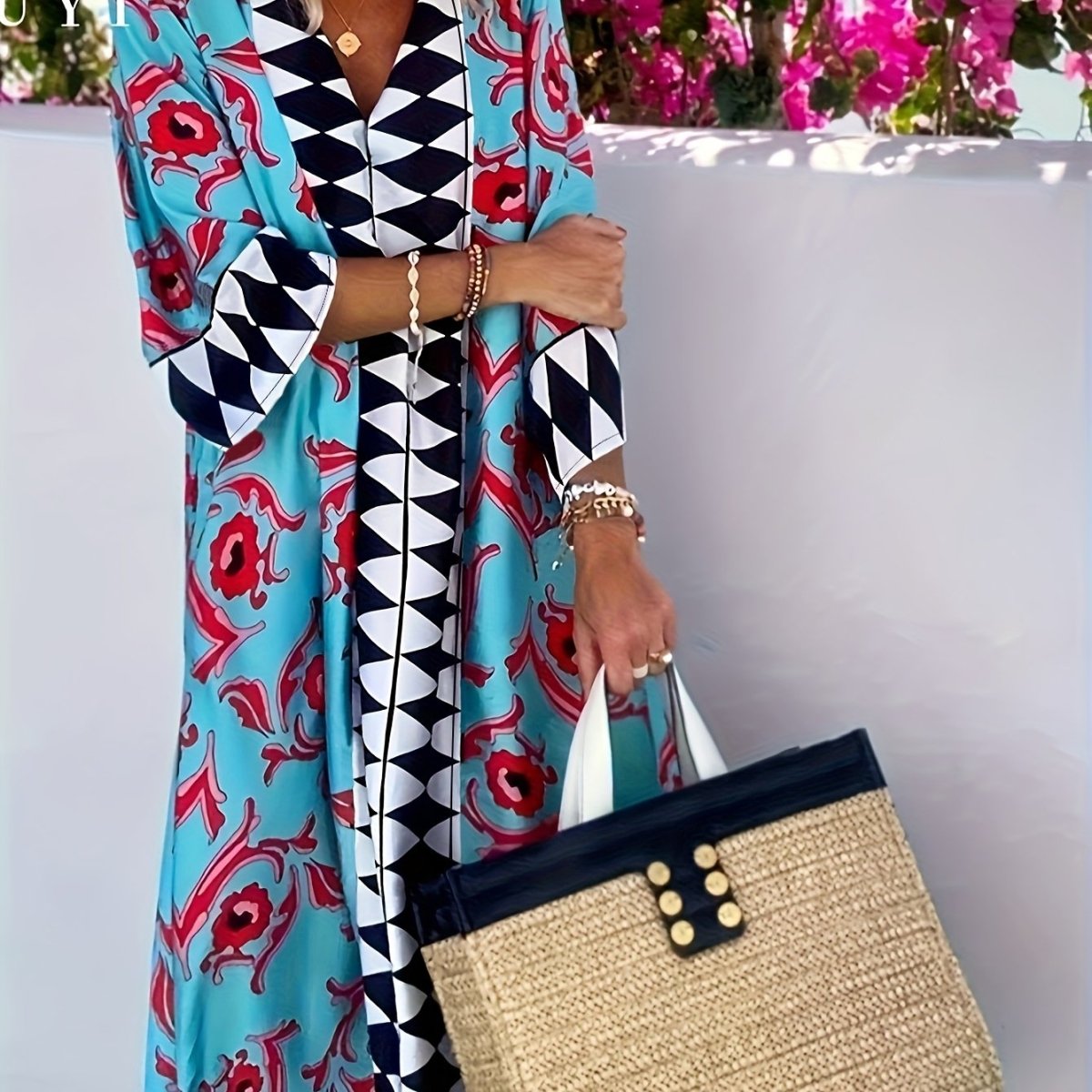 Women’s Loose Fit V - Neck Maxi Dress – Geometric Print, Short Sleeves, Beach Vacation & Casual Resort Wear - Free Delivery Worldwide only at Flexi Africa