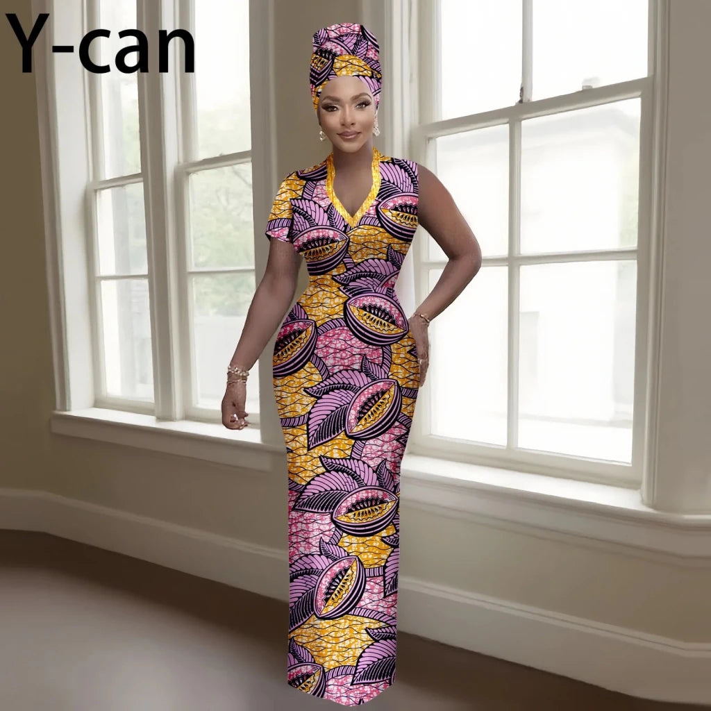 Women’s Luxury Dashiki Ankara Maxi Dress with Headwrap - Free Delivery Worldwide only at Flexi Africa
