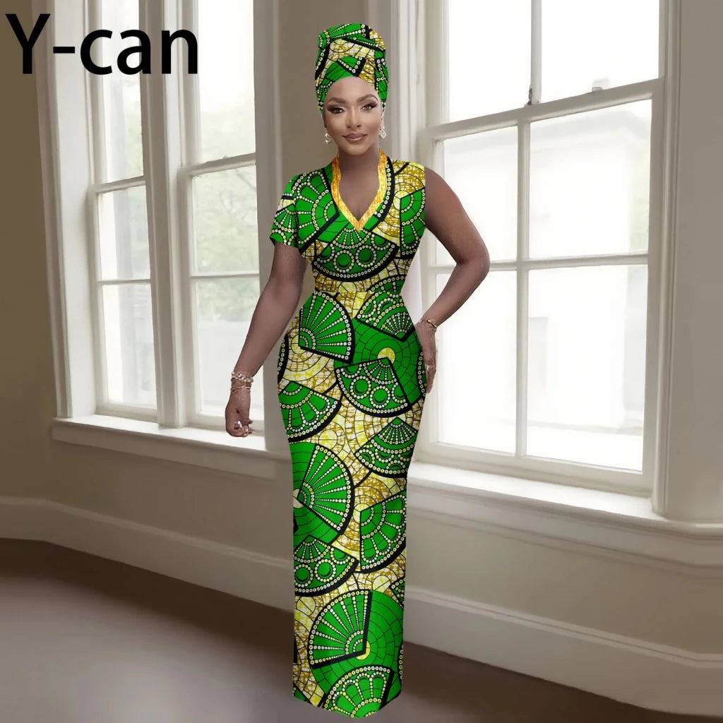 Women’s Luxury Dashiki Ankara Maxi Dress with Headwrap - Free Delivery Worldwide only at Flexi Africa