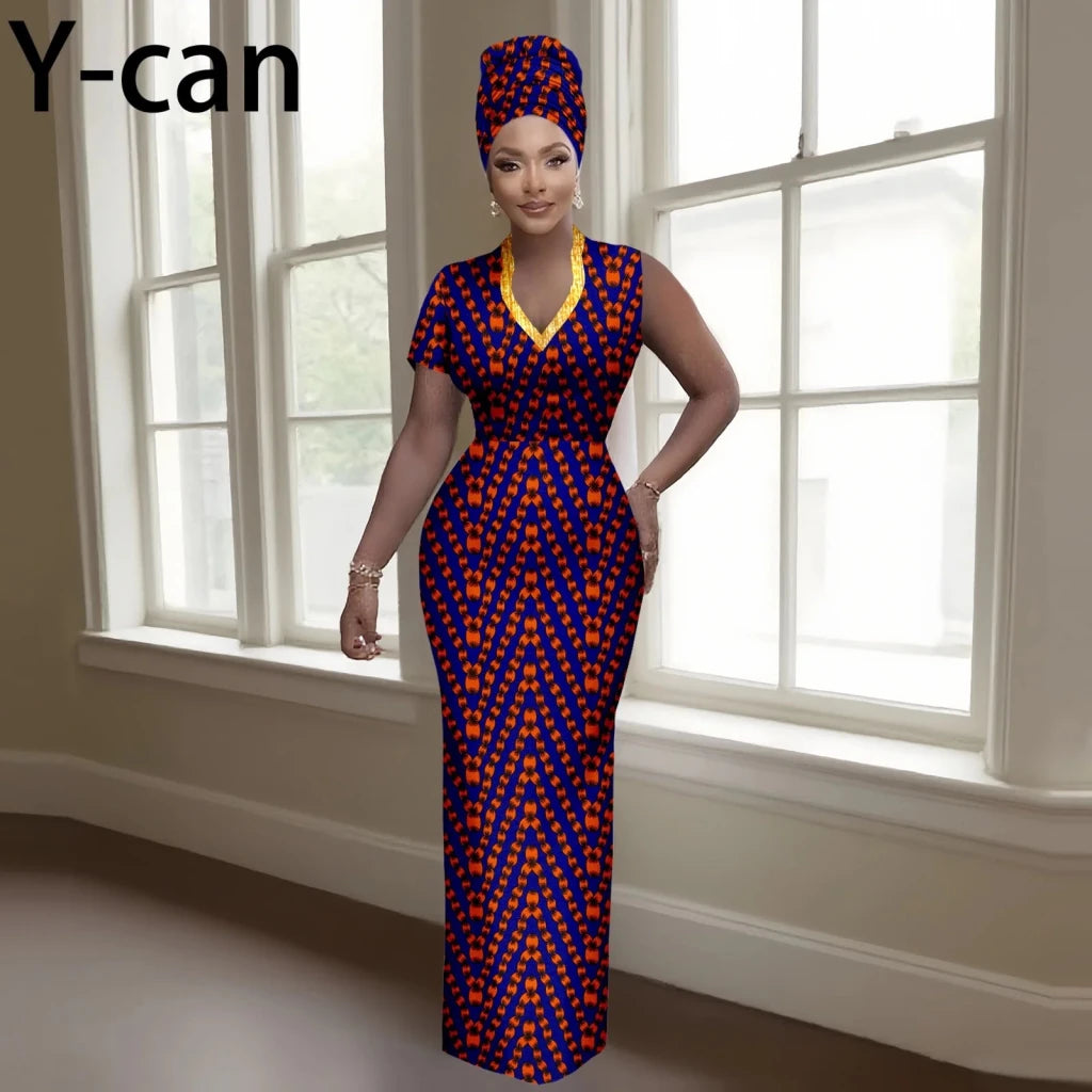 Women’s Luxury Dashiki Ankara Maxi Dress with Headwrap - Free Delivery Worldwide only at Flexi Africa
