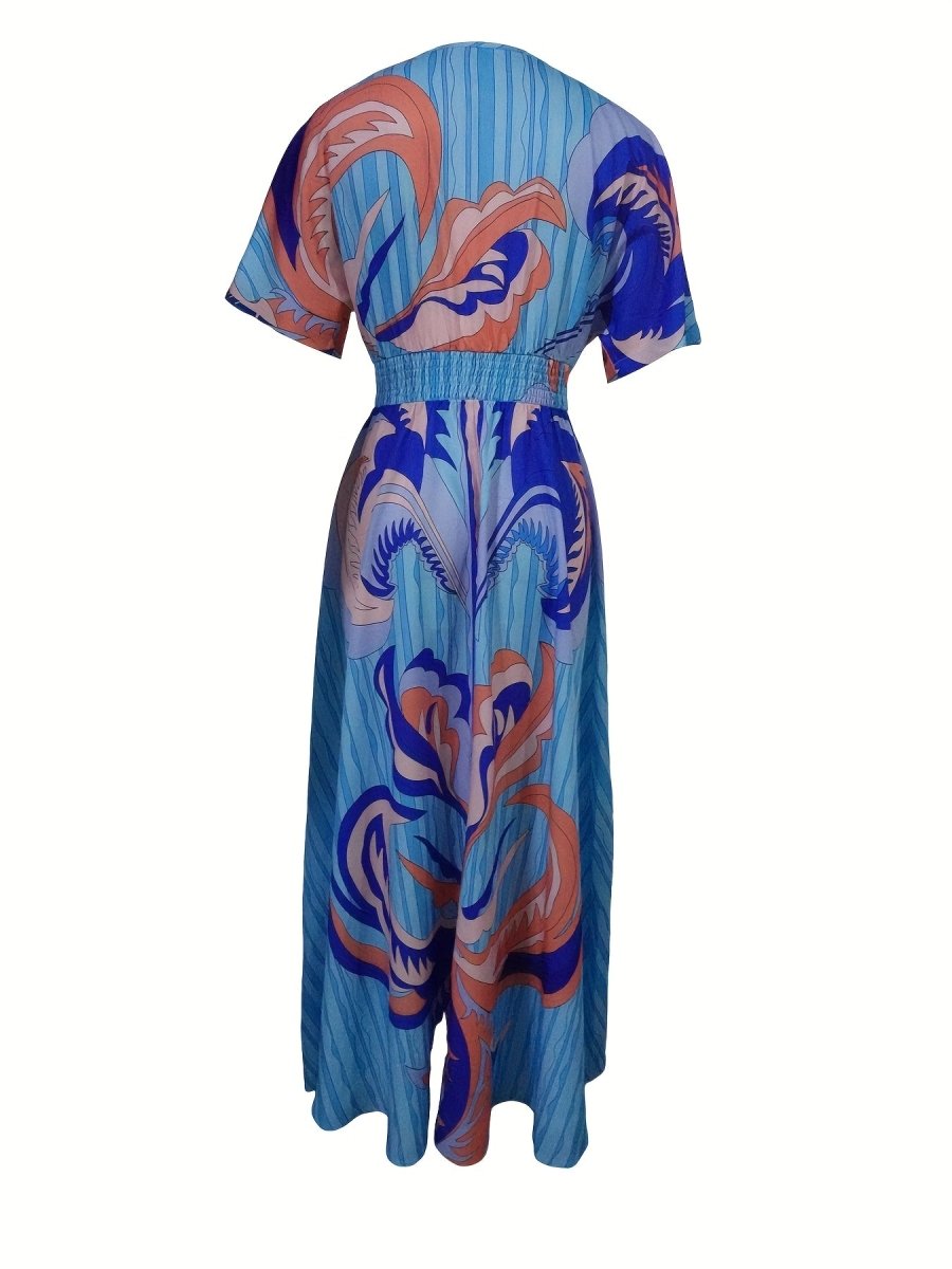 Women's Resort - Style V - Neck Cinched Waist Dress - Blue & Pink Abstract Wave Print, Fitted Machine - Washable All - Season Elegant Casual to Dressy Wear, Versatile Fashion, Vacation Outfit, Lightweight Fabric, Smooth Texture - Free Delivery Worldwide only at Flexi Africa