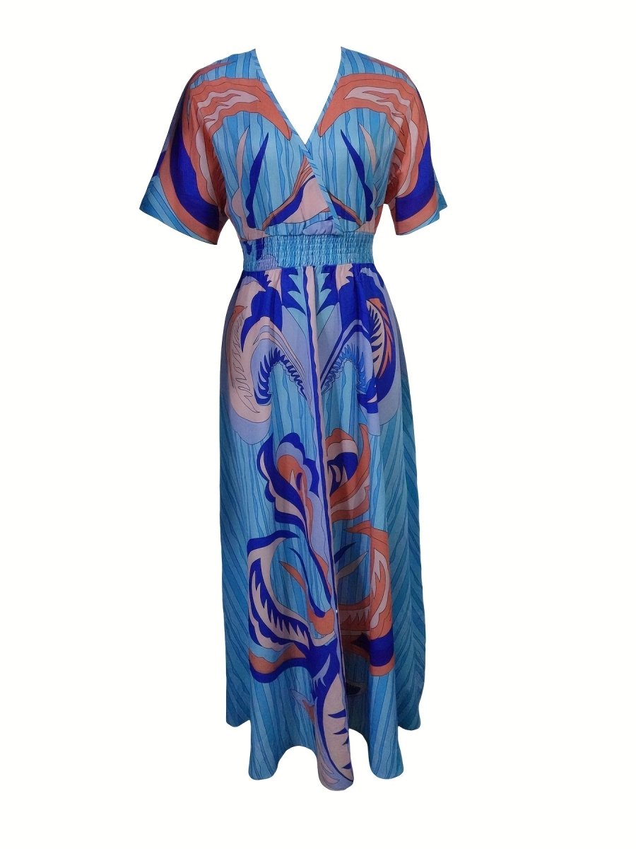 Women's Resort - Style V - Neck Cinched Waist Dress - Blue & Pink Abstract Wave Print, Fitted Machine - Washable All - Season Elegant Casual to Dressy Wear, Versatile Fashion, Vacation Outfit, Lightweight Fabric, Smooth Texture - Free Delivery Worldwide only at Flexi Africa