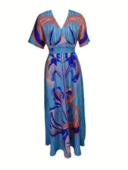 Women's Resort - Style V - Neck Cinched Waist Dress - Blue & Pink Abstract Wave Print, Fitted Machine - Washable All - Season Elegant Casual to Dressy Wear, Versatile Fashion, Vacation Outfit, Lightweight Fabric, Smooth Texture - Free Delivery Worldwide only at Flexi Africa