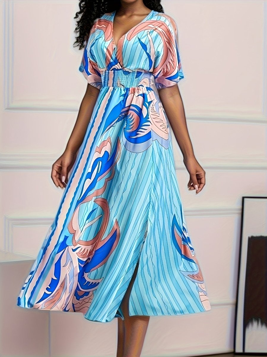 Women's Resort - Style V - Neck Cinched Waist Dress - Blue & Pink Abstract Wave Print, Fitted Machine - Washable All - Season Elegant Casual to Dressy Wear, Versatile Fashion, Vacation Outfit, Lightweight Fabric, Smooth Texture - Free Delivery Worldwide only at Flexi Africa