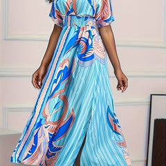 Women's Resort - Style V - Neck Cinched Waist Dress - Blue & Pink Abstract Wave Print, Fitted Machine - Washable All - Season Elegant Casual to Dressy Wear, Versatile Fashion, Vacation Outfit, Lightweight Fabric, Smooth Texture - Free Delivery Worldwide only at Flexi Africa