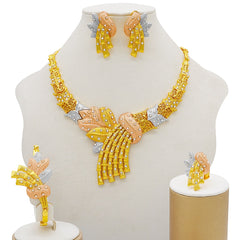 Gold Necklace Set for Women: Ideal for Nigerian African Weddings Complete with Earrings Rings - Flexi Africa